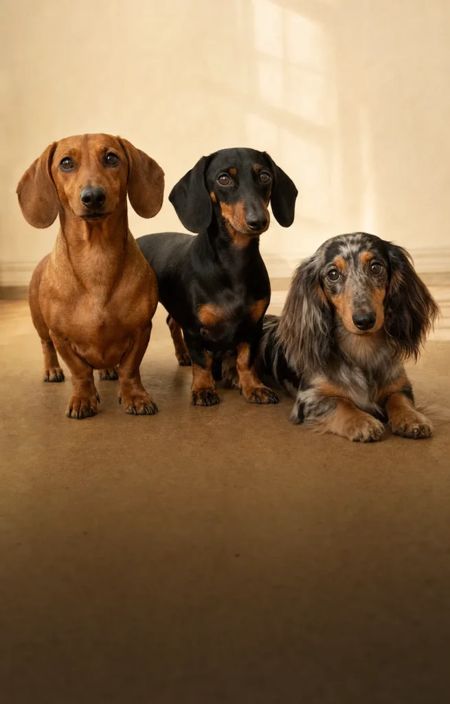 Dachshunds com diferentes cores e padrões de pelagem