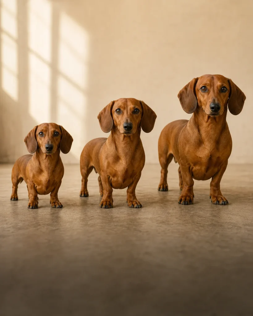 Dachshunds de diferentes tamanhos lado a lado