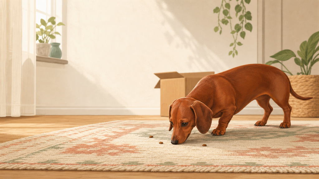 Dachshund de pelo curto farejando grãos de ração em um tapete, em uma sala iluminada.