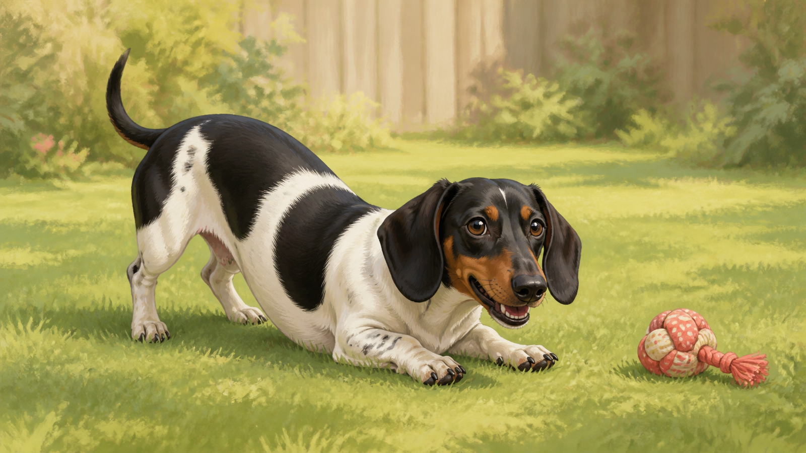 Ilustração de um dachshund arlequim em postura de convite para brincar em um gramado, com um brinquedo de corda ao lado.