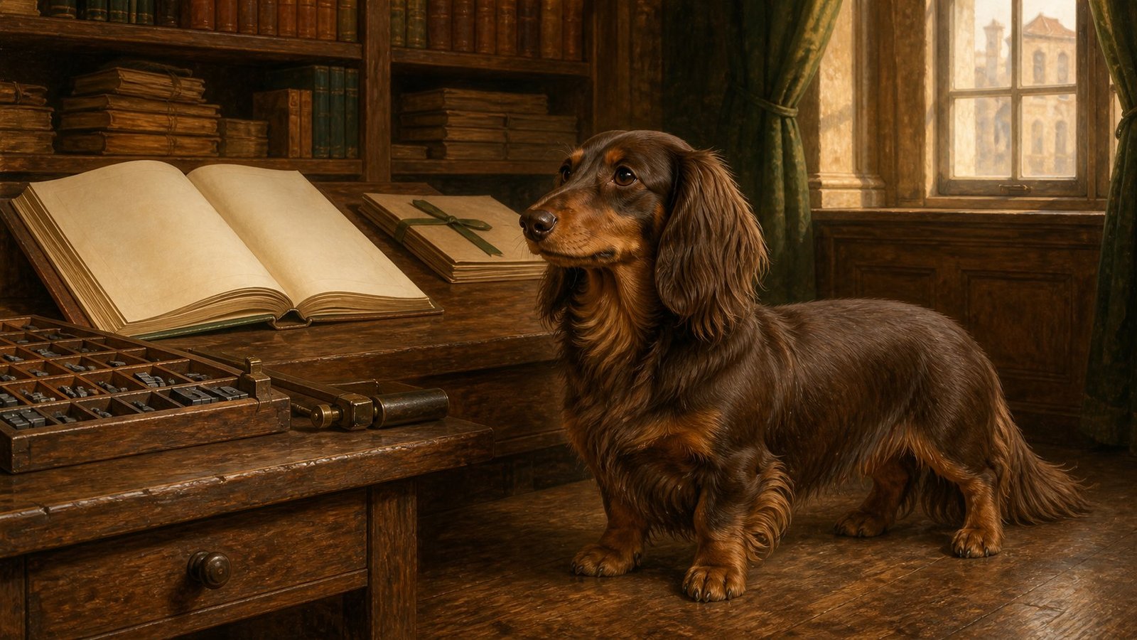 Ilustração editorial de um dachshund de pelo longo ao lado de livros e tipos móveis em uma sala de leitura histórica.