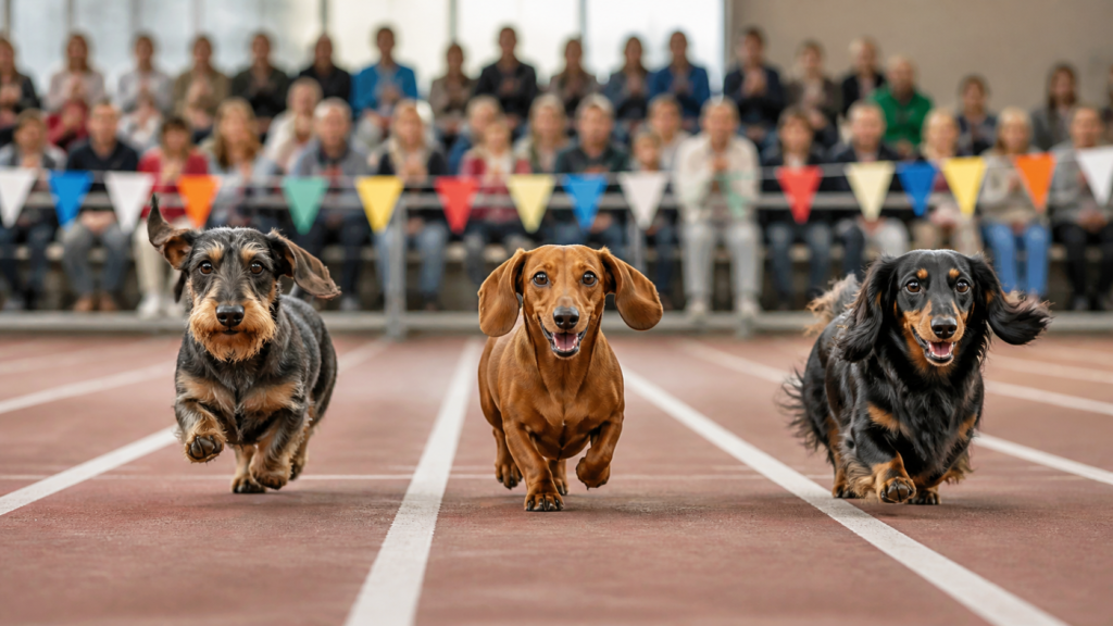 Três dachshunds de pelagens diferentes correndo em pistas paralelas diante de uma plateia em arena coberta.