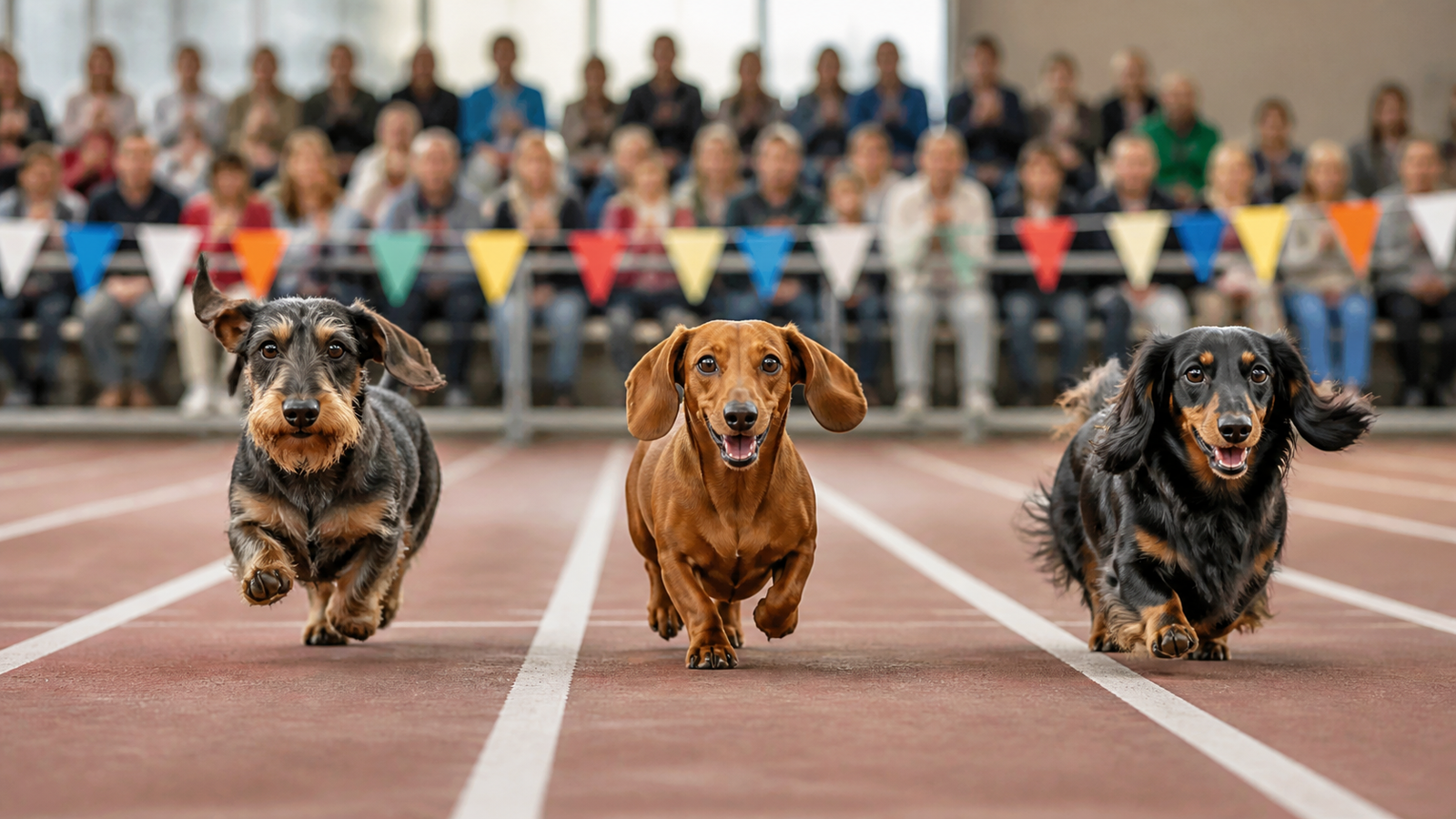 Três dachshunds de pelagens diferentes correndo em pistas paralelas diante de uma plateia em arena coberta.