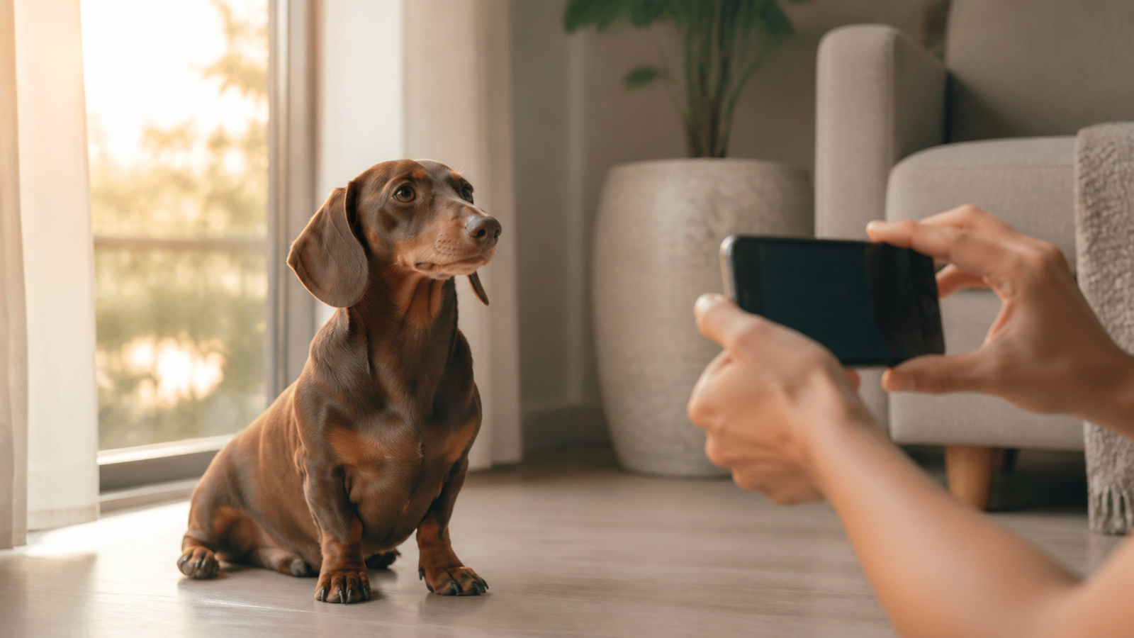Dachshund tranquilo sendo fotografado com um celular na altura dos olhos.