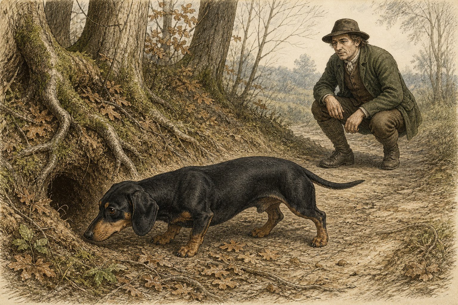 Cão baixo de pelo curto fareja a entrada de uma toca enquanto um guarda-florestal observa em uma paisagem histórica.