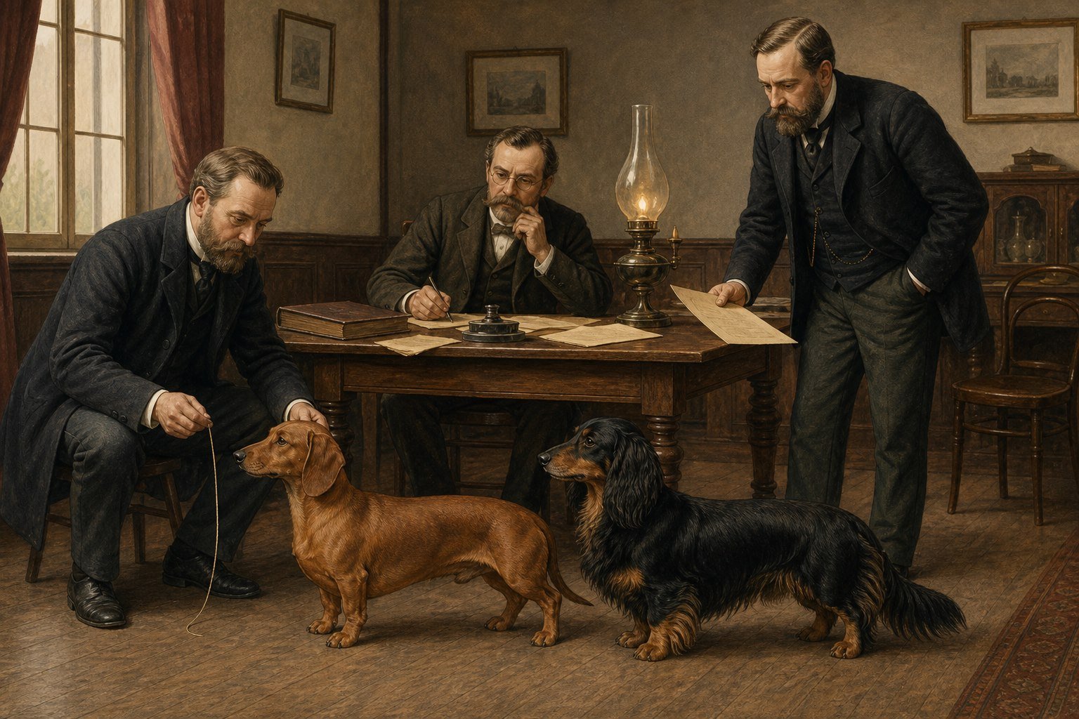 Dois dachshunds são observados por integrantes de um clube em uma sala alemã do fim do século XIX.