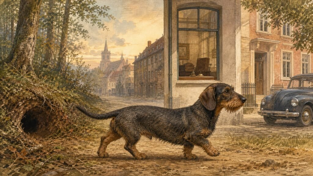 Dachshund de pelo duro caminha por uma paisagem que transita da floresta histórica para a cidade moderna.
