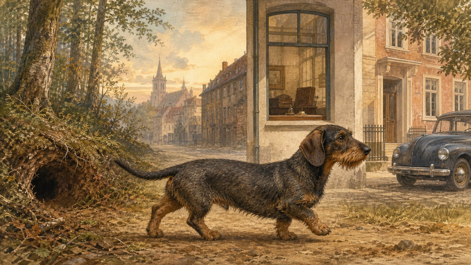 Dachshund de pelo duro caminha por uma paisagem que transita da floresta histórica para a cidade moderna.