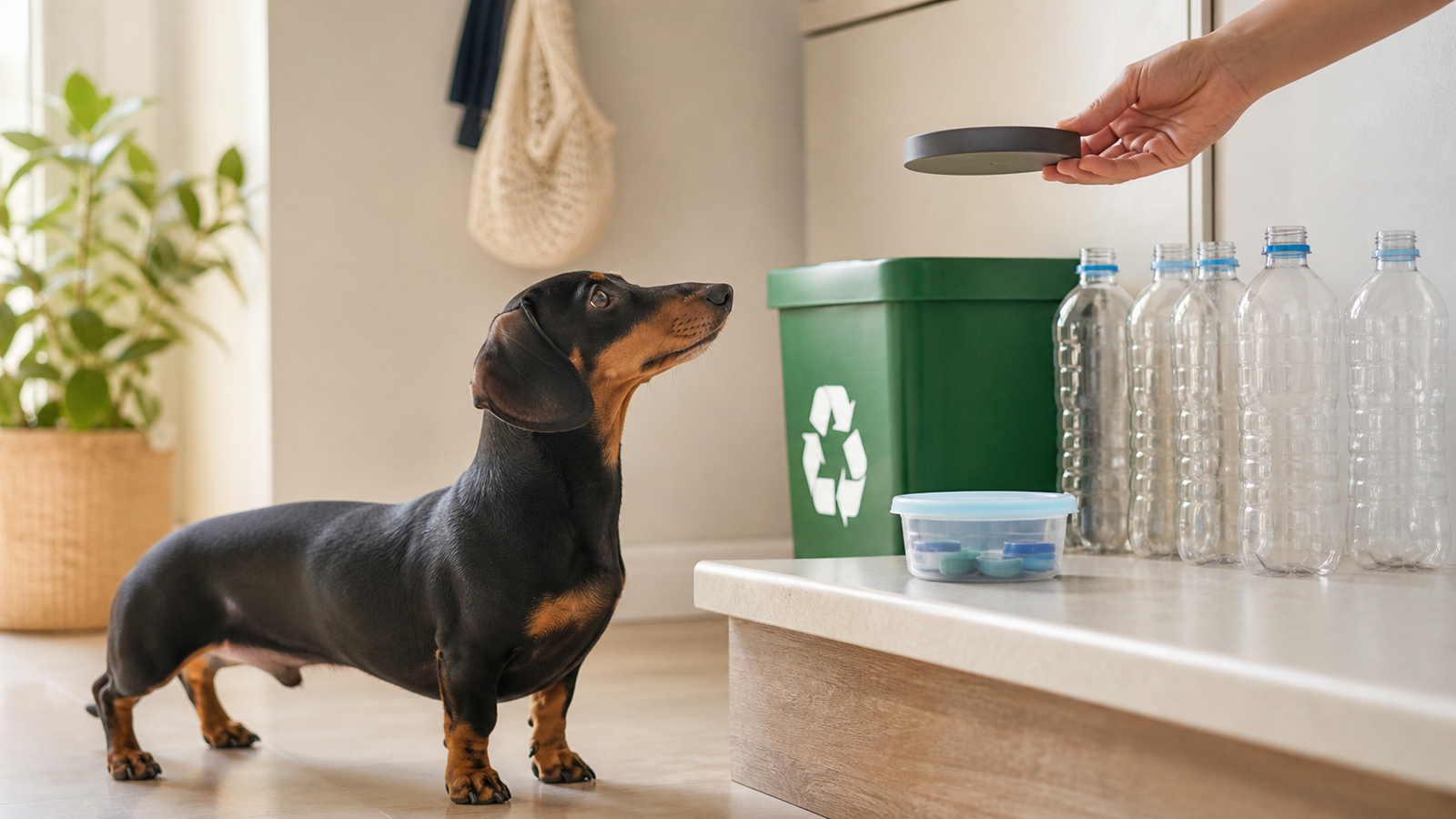 Dachshund preto e canela observa um alvo de treino em uma área de reciclagem; tampas estão guardadas em recipiente fechado.