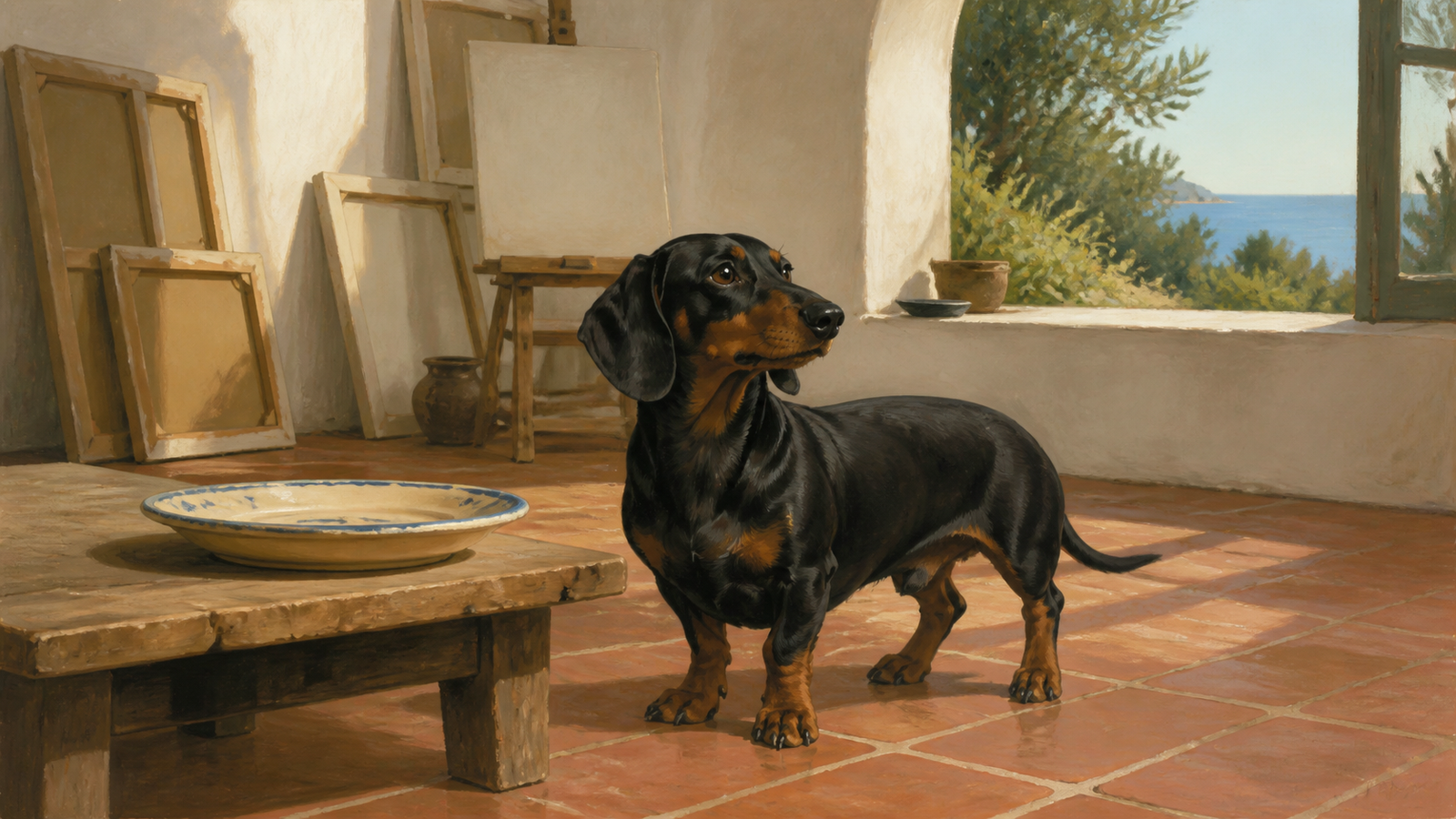 Dachshund preto e canela em um ateliê mediterrâneo inspirado na década de 1950.
