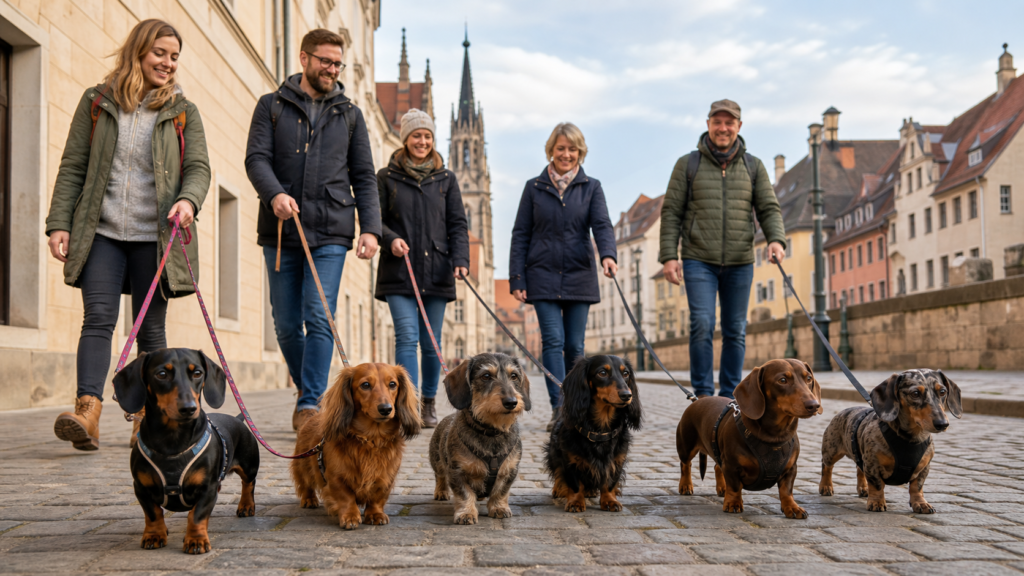 Grupo de seis dachshunds com guias e responsáveis caminha calmamente por uma rua histórica de paralelepípedos.
