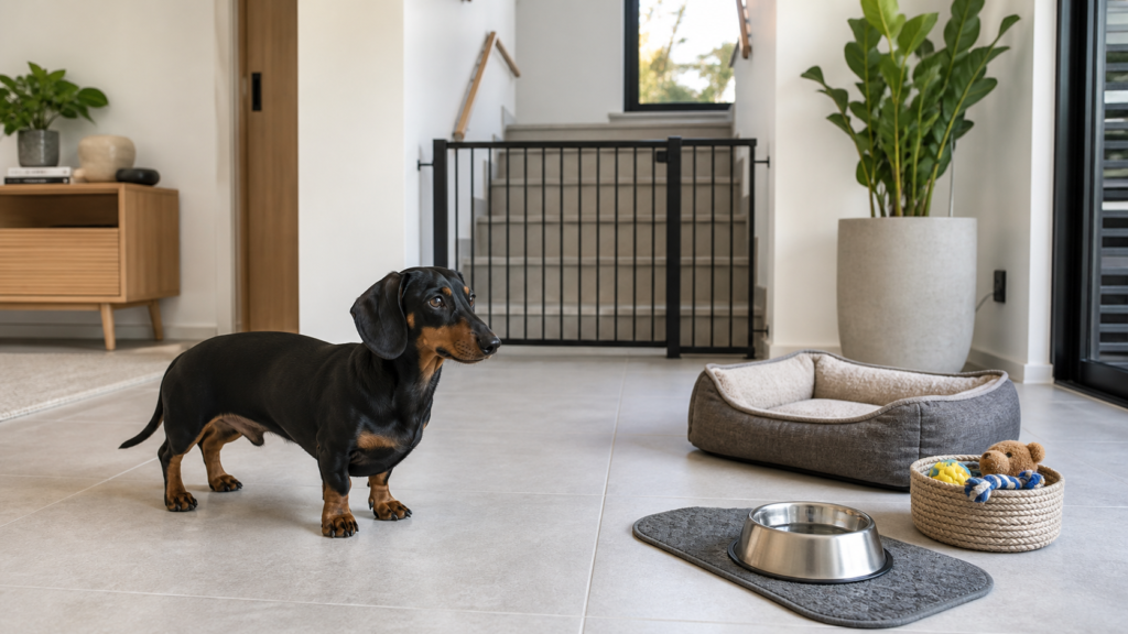 Dachshund preto e canela em sala preparada com cama baixa, água, brinquedos e portão fechado diante da escada.