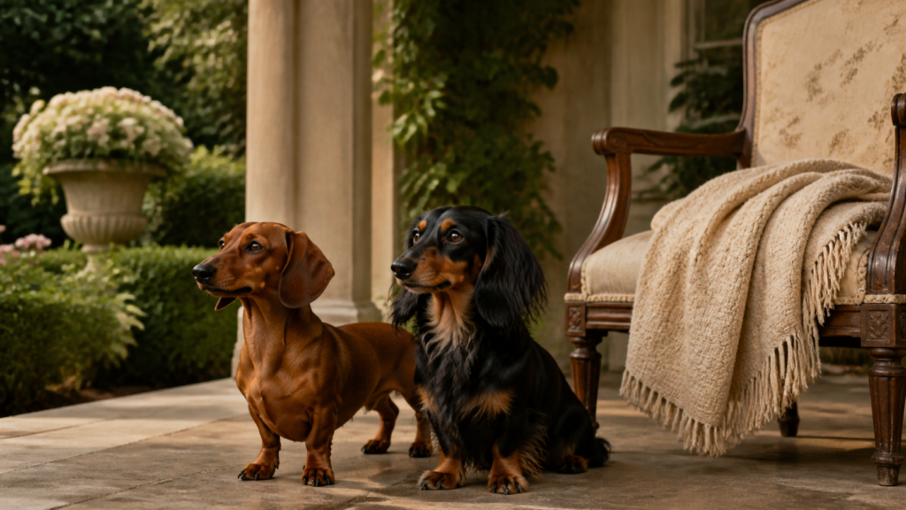 Dois dachshunds em uma varanda de jardim inspirada no período vitoriano.