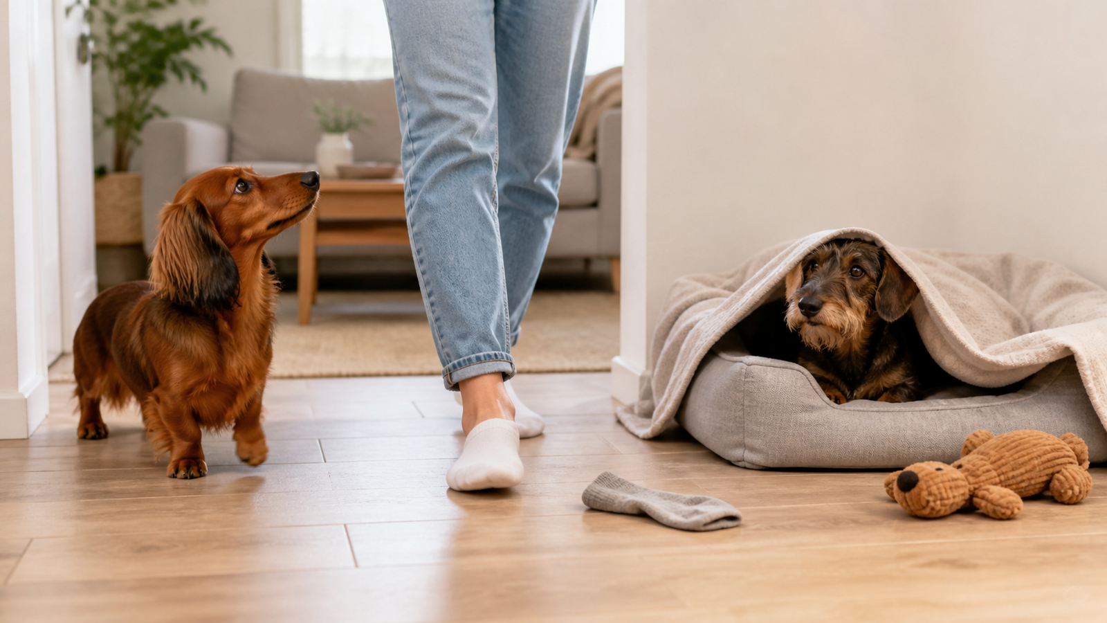 Três dachshunds de pelagens diferentes em uma sala clara: um olha pela janela, outro explora brinquedos e o terceiro descansa em uma cama baixa.
