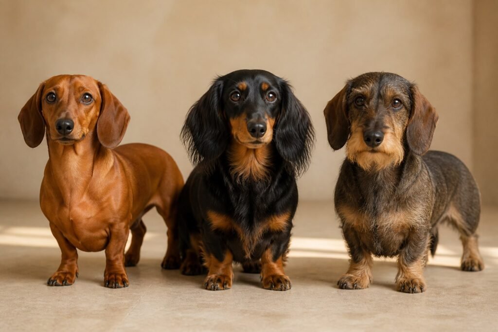 Três dachshunds lado a lado representando as pelagens curta, longa e dura