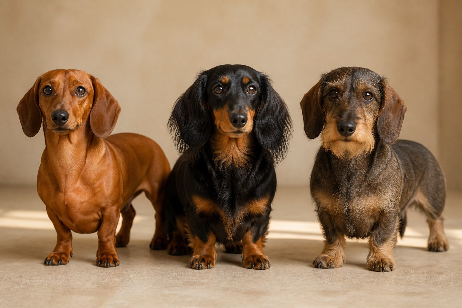 Três dachshunds lado a lado representando as pelagens curta, longa e dura