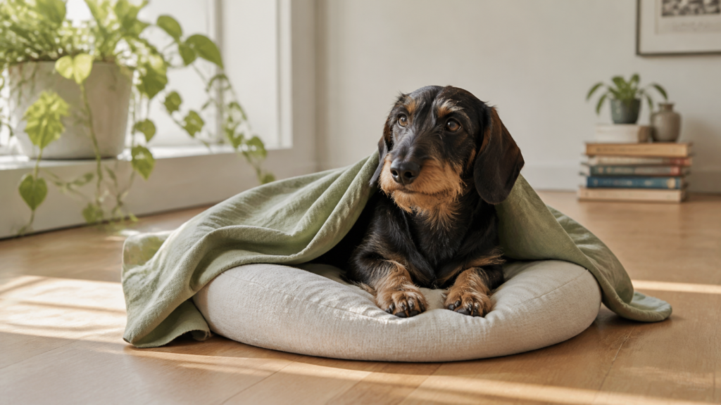 Dachshund de pelo duro preto e canela em uma cama baixa no chão, sob um cobertor verde-claro solto.