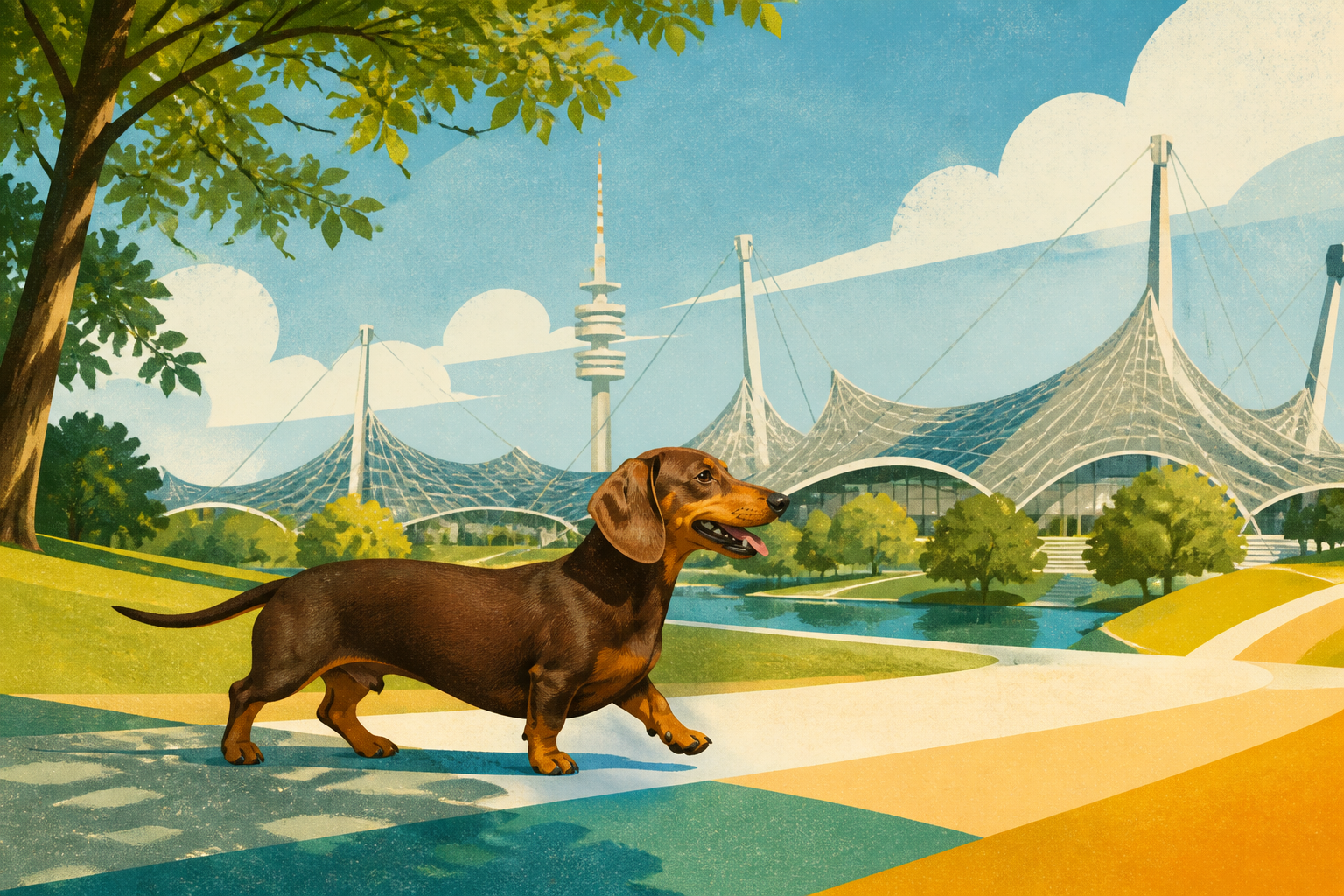 Ilustração editorial de um dachshund caminhando diante da arquitetura do Parque Olímpico de Munique.