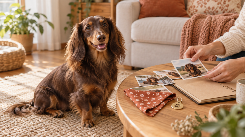 Dachshund de pelo longo ao lado de uma mesa com álbum, fotografias e pequenas lembranças.
