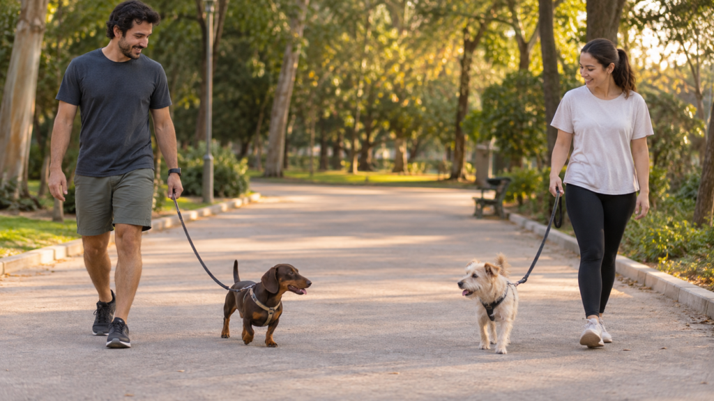Dachshund e outro cão caminhando em paralelo com seus condutores em um parque