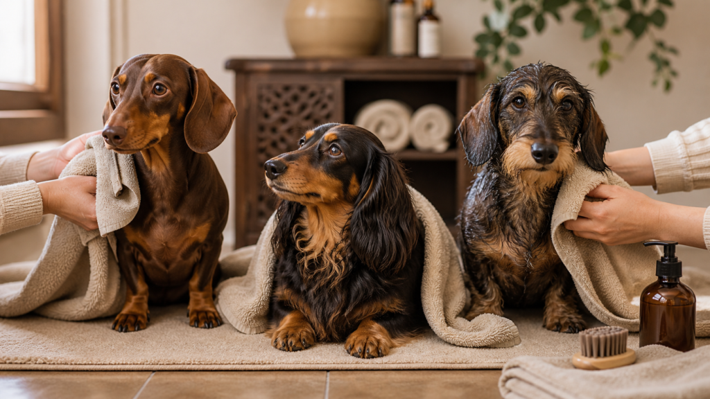 Três dachshunds de pelagens curta, longa e dura em uma rotina tranquila de banho e secagem