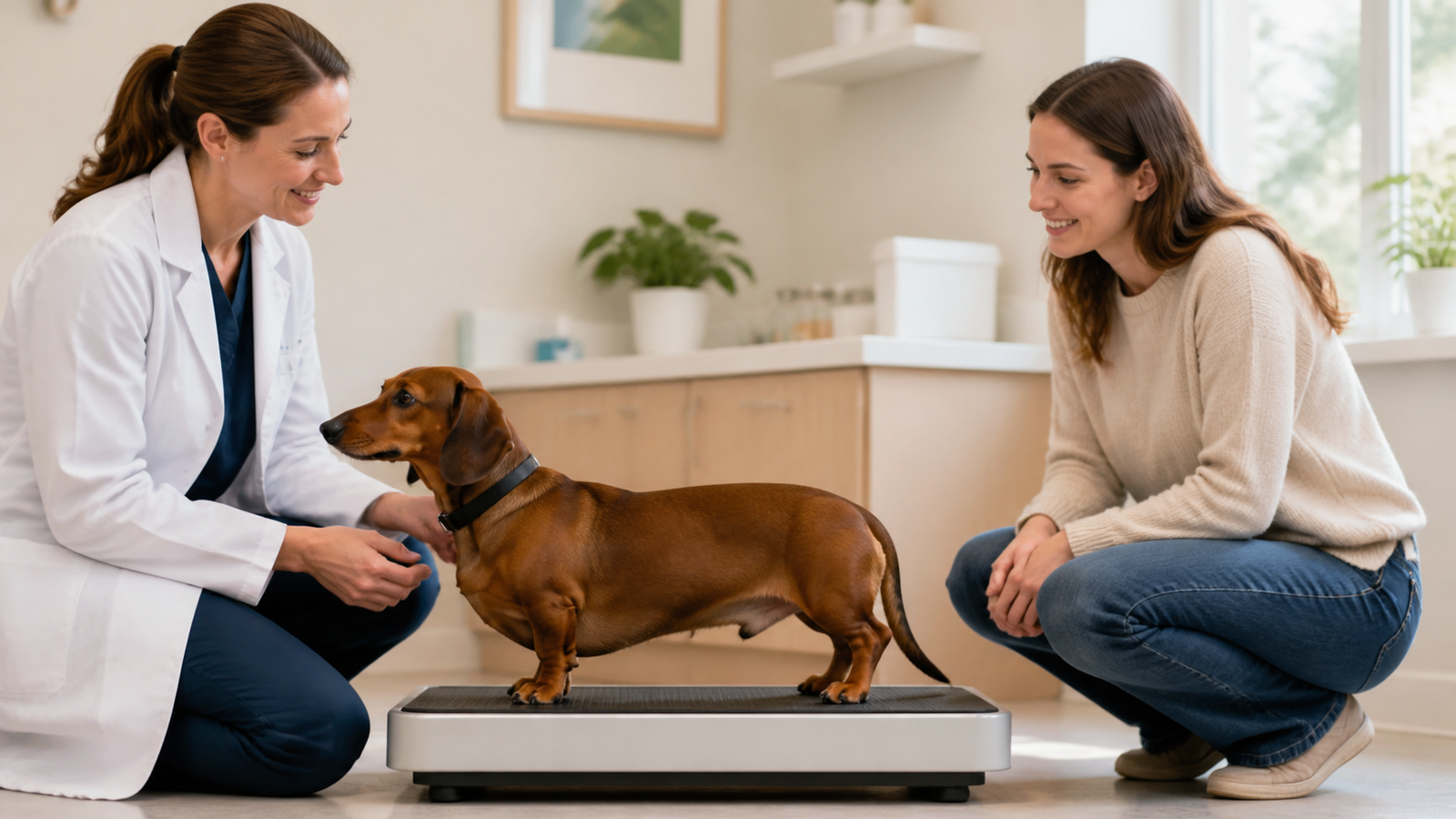 Tutor avaliando com cuidado a condição corporal de um dachshund