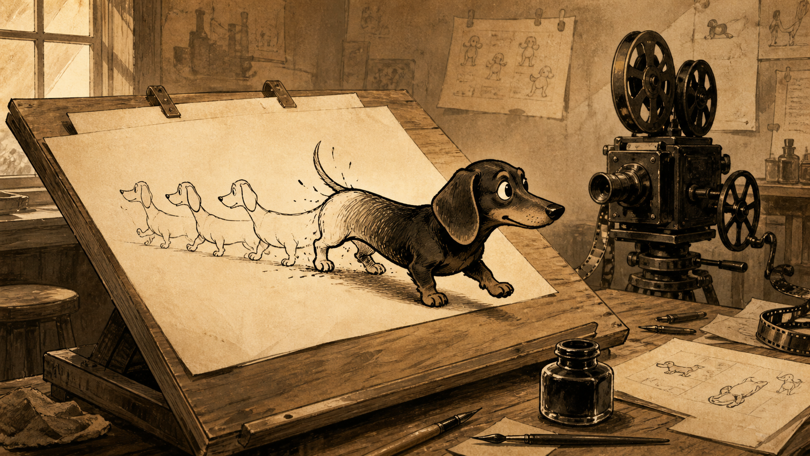 Ilustração de um dachshund desenhado ganhando movimento sobre a prancheta de um animador do início do século vinte.