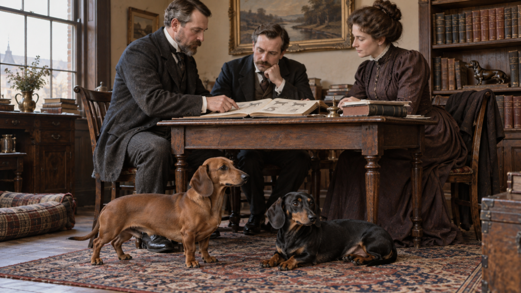 Dois dachshunds diante de três pessoas que consultam um livro em um escritório ambientado no fim do século XIX.