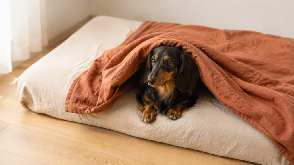 Dachshund de pelo longo preto e canela espiando por uma abertura ampla em um cobertor terracota solto sobre cama baixa.