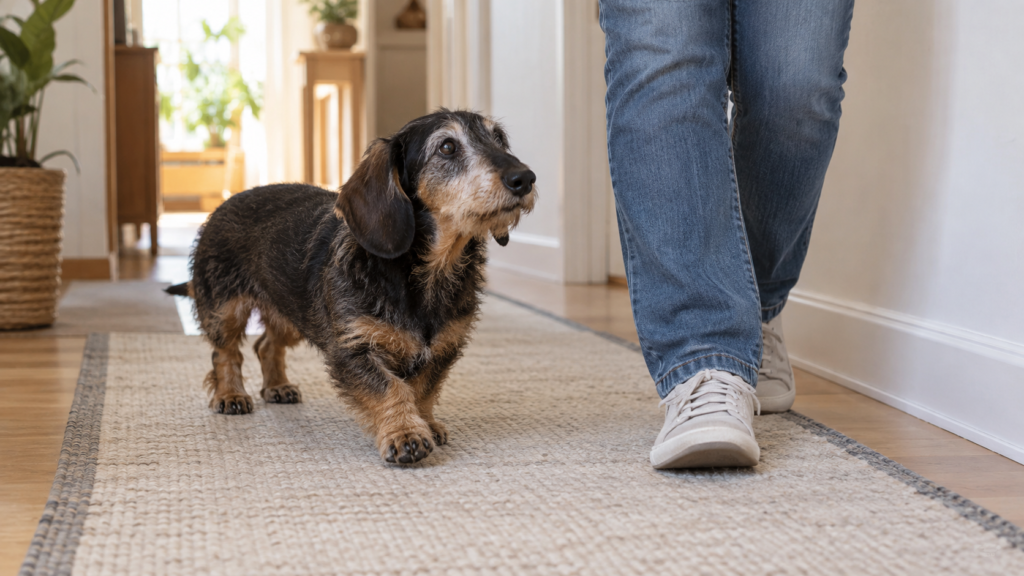 Dachshund idoso de pelo duro caminhando sobre tapete antiderrapante ao lado de sua cuidadora