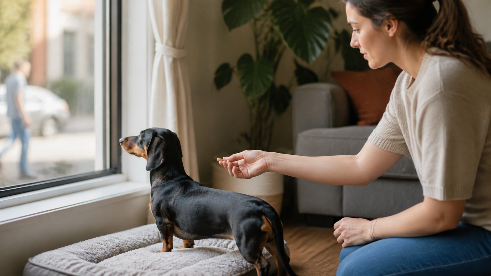 Dachshund atento à janela enquanto o tutor organiza um ambiente calmo