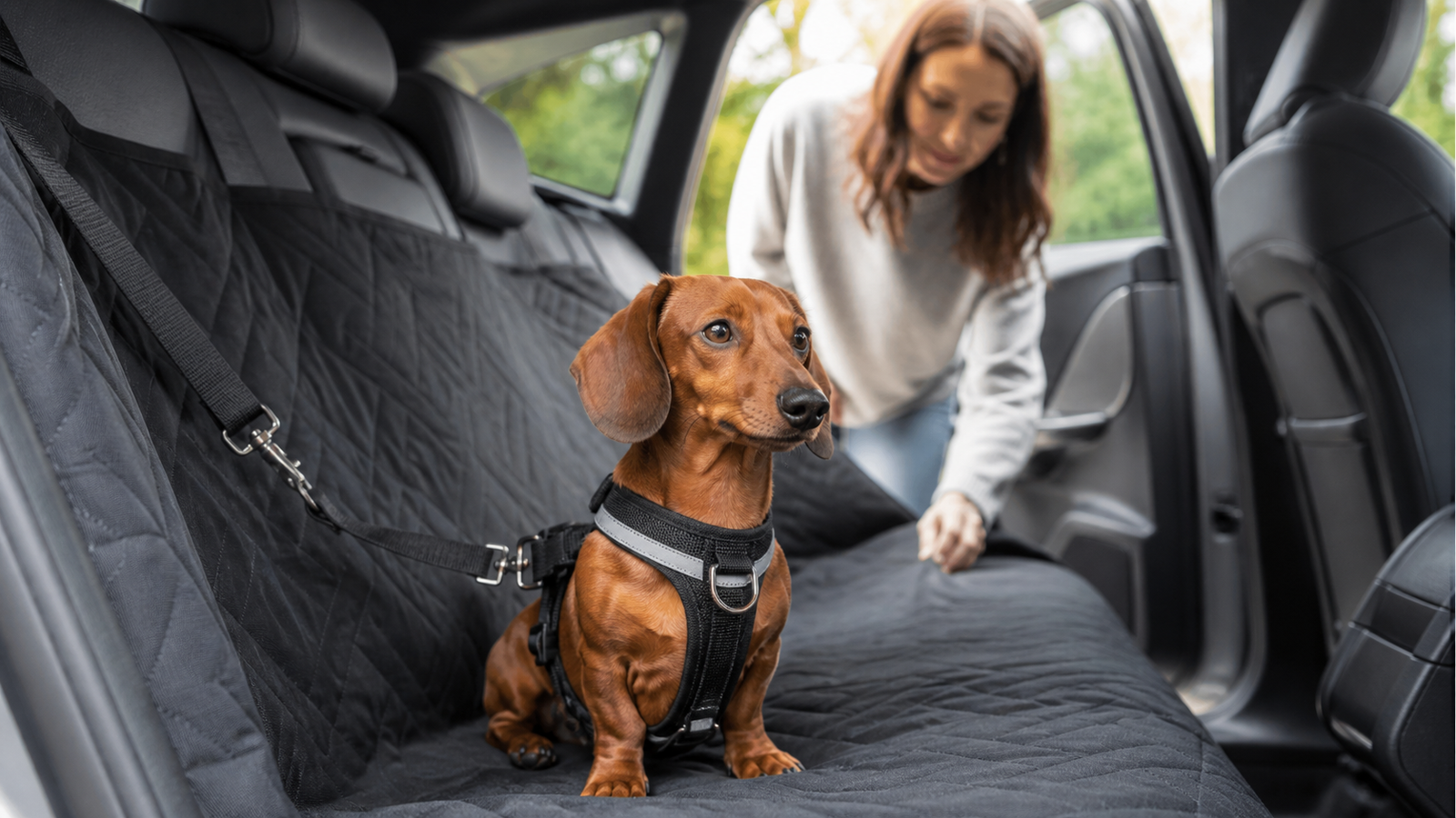 Dachshund acomodado com segurança no banco traseiro de um carro