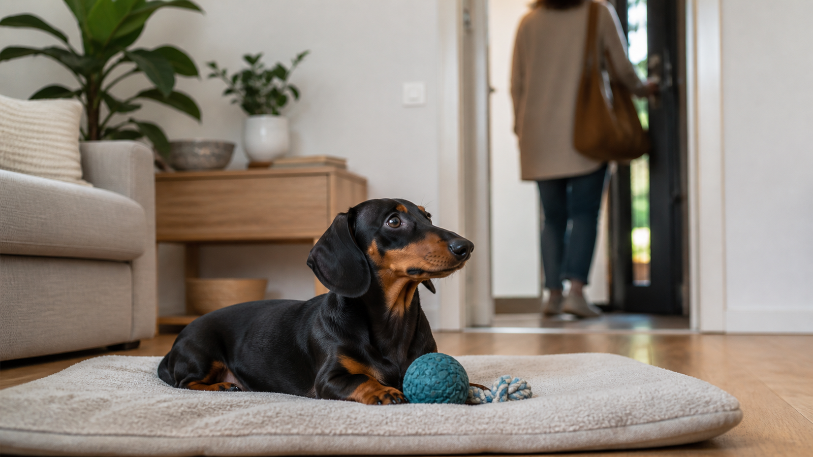 Dachshund relaxado em casa enquanto o tutor se afasta pela porta