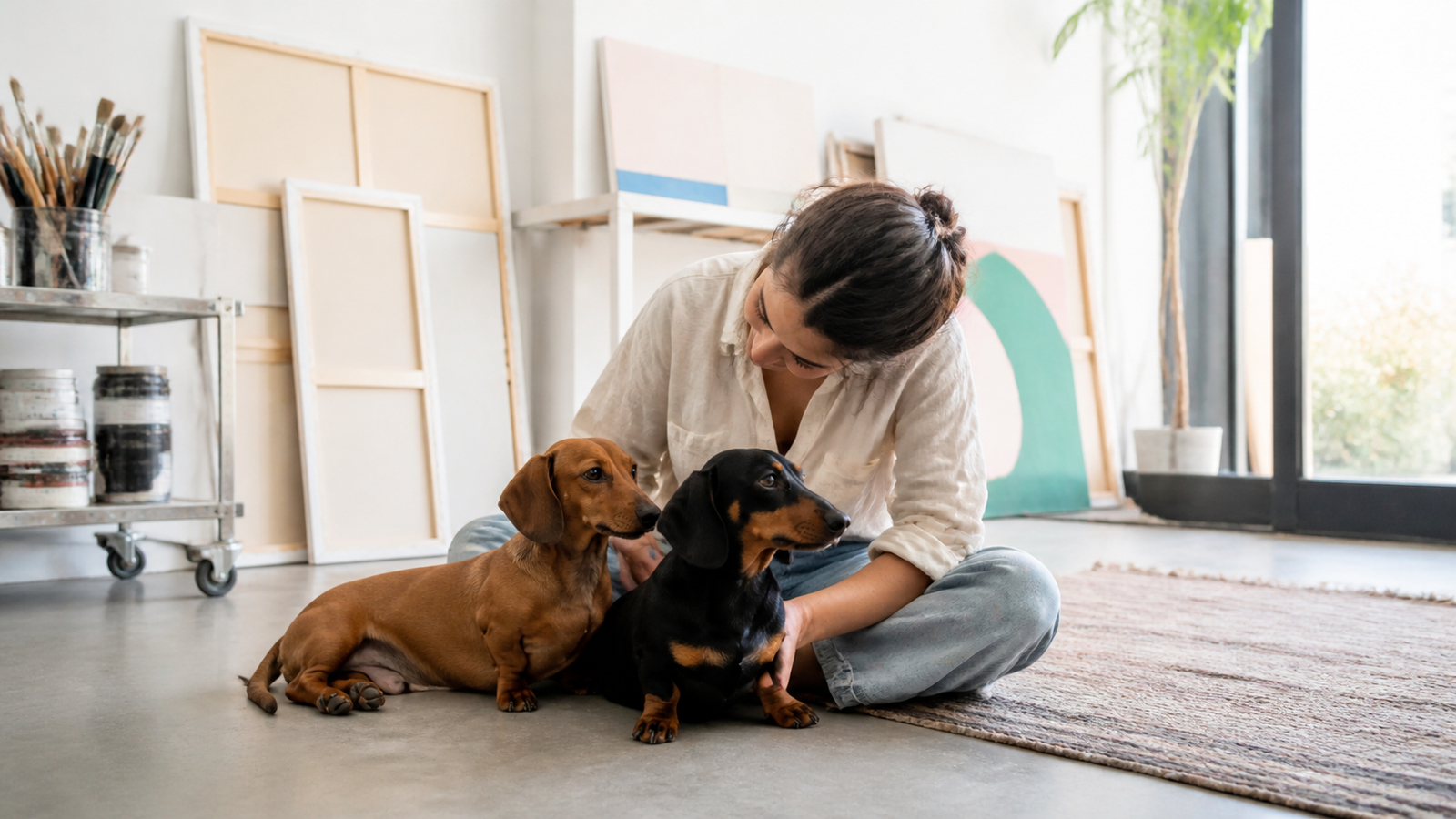 Dois dachshunds descansando juntos em um ateliê contemporâneo com telas abstratas sem obras reconhecíveis.