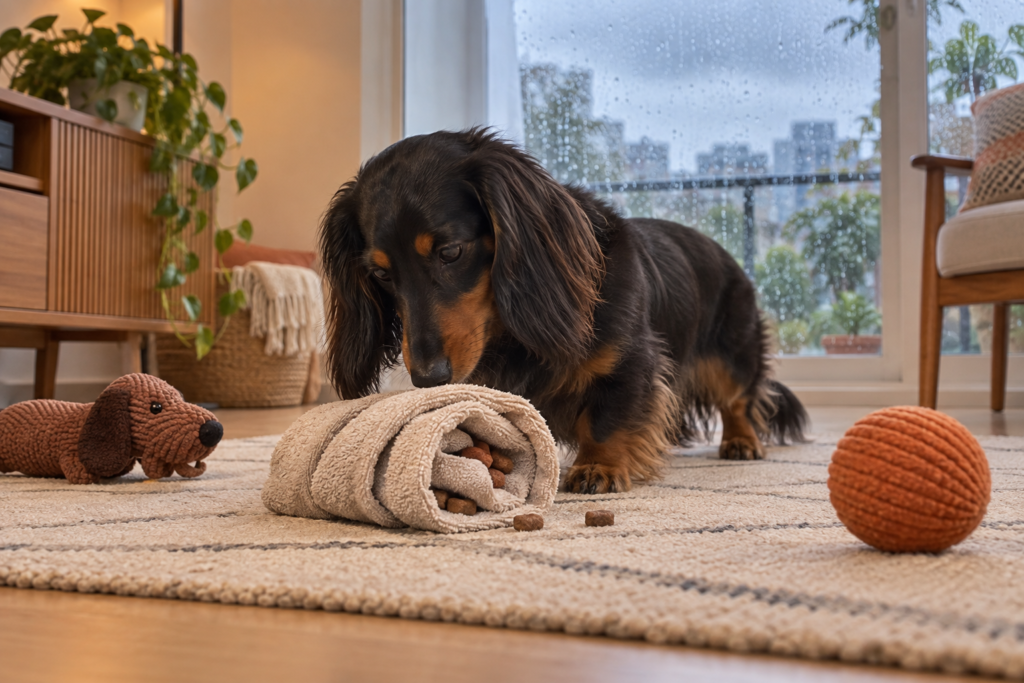 Dachshund preto e canela explora uma toalha com petiscos em uma sala segura enquanto chove na janela