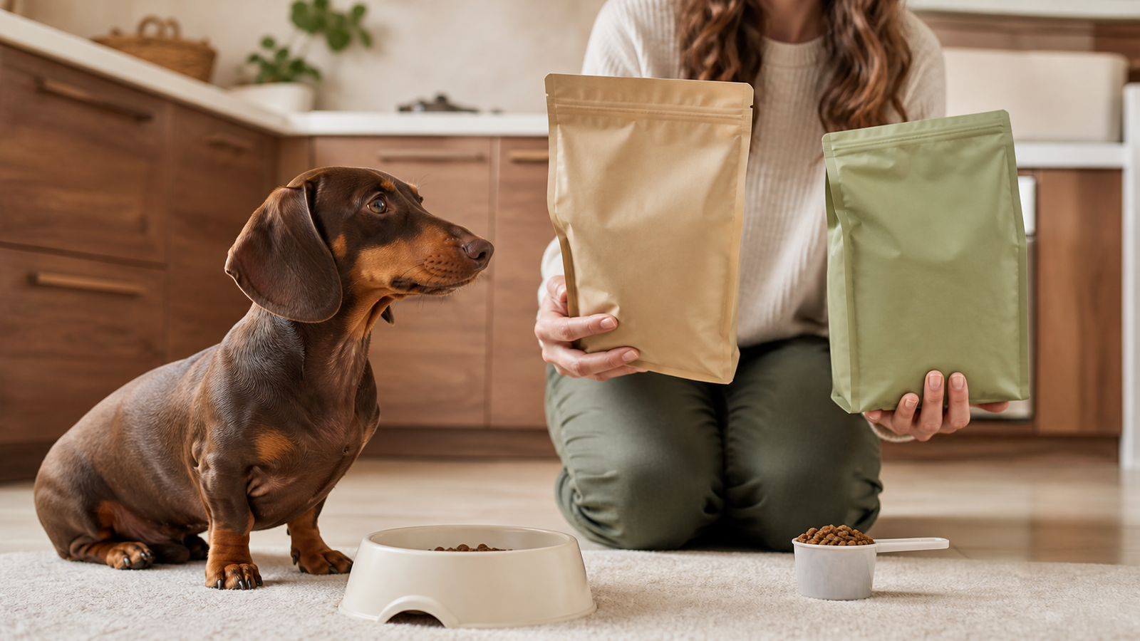 Tutor comparando informações de embalagens de ração ao lado de um dachshund