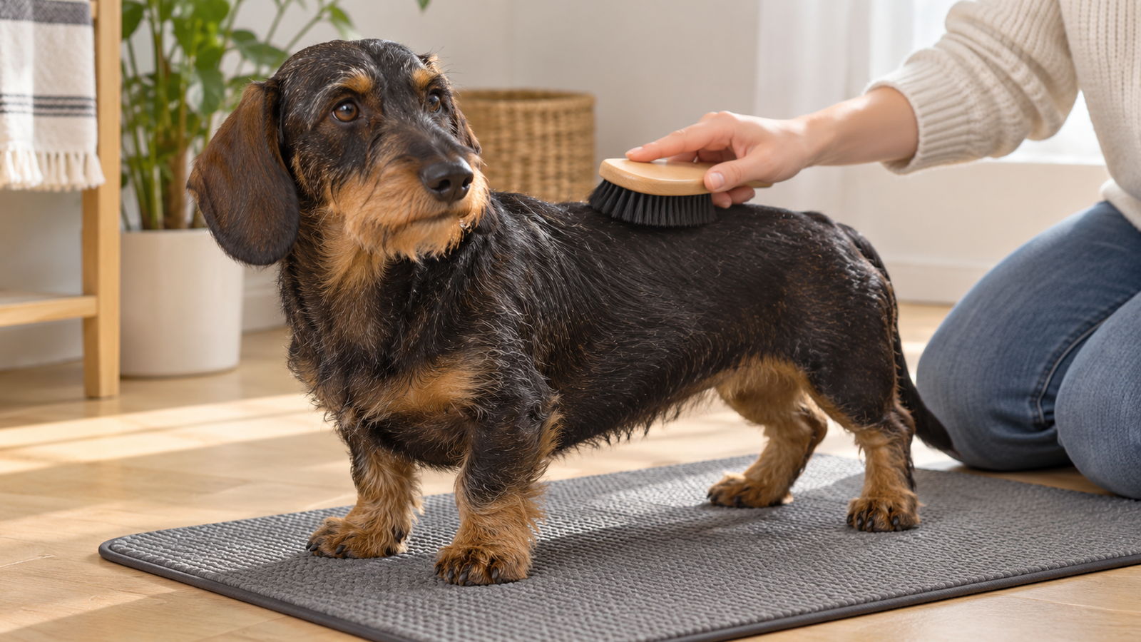 Dachshund de pelo duro preto e canela recebe escovação suave sobre tapete antiderrapante em casa