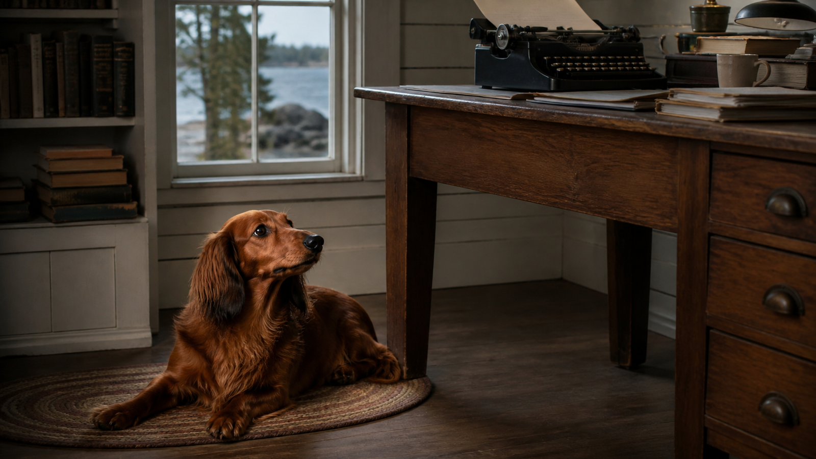 Dachshund de pelo longo descansando ao lado de uma máquina de escrever e folhas de papel em uma casa de campo.
