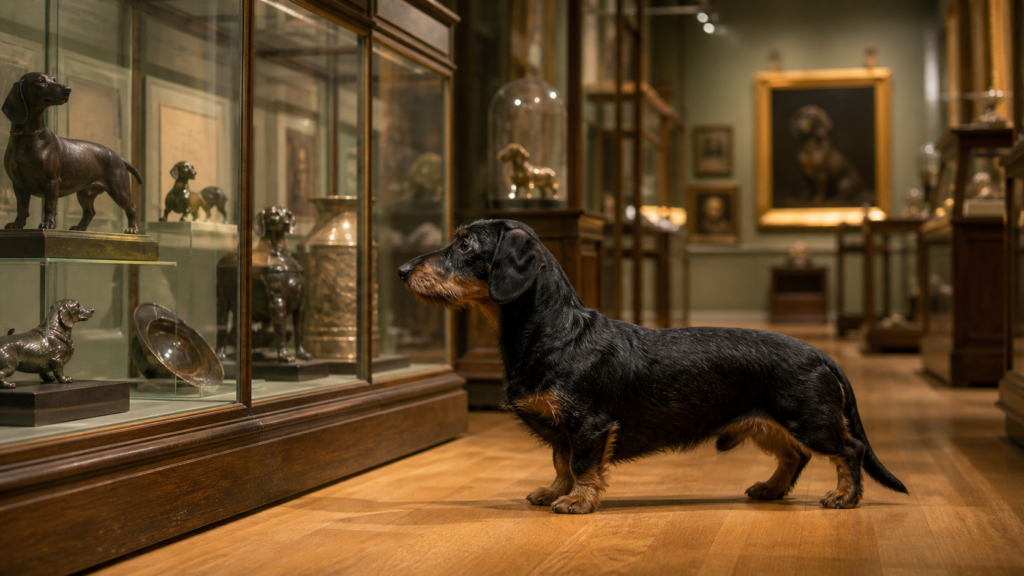Dachshund de pelo duro diante de vitrines com pequenas esculturas genéricas de cães em um museu acolhedor.