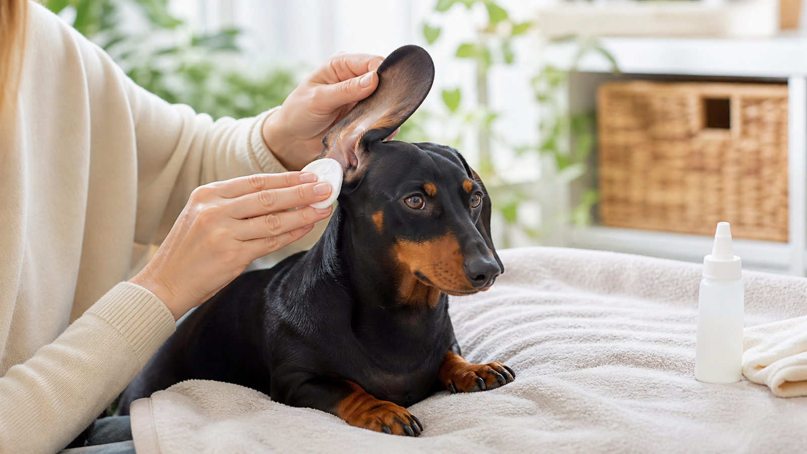 Tutor examinando delicadamente a orelha de um dachshund em ambiente claro
