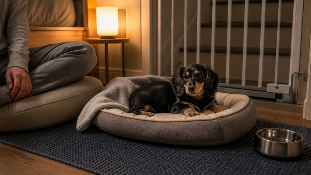 Filhote de dachshund de pelo longo descansando em cama baixa, com uma pessoa sentada no chão e um portão fechando o acesso à escada.