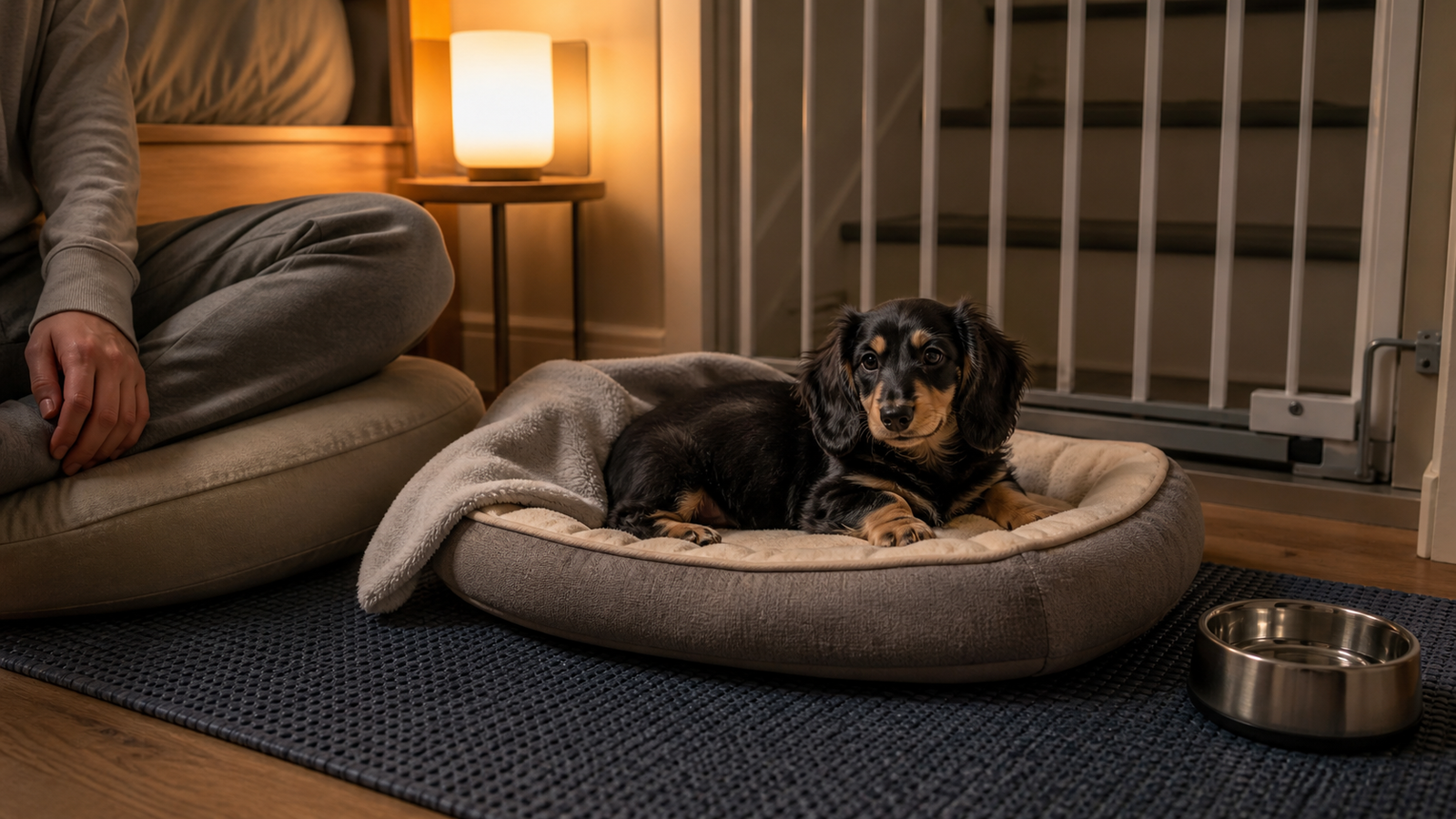 Filhote de dachshund de pelo longo descansando em cama baixa, com uma pessoa sentada no chão e um portão fechando o acesso à escada.