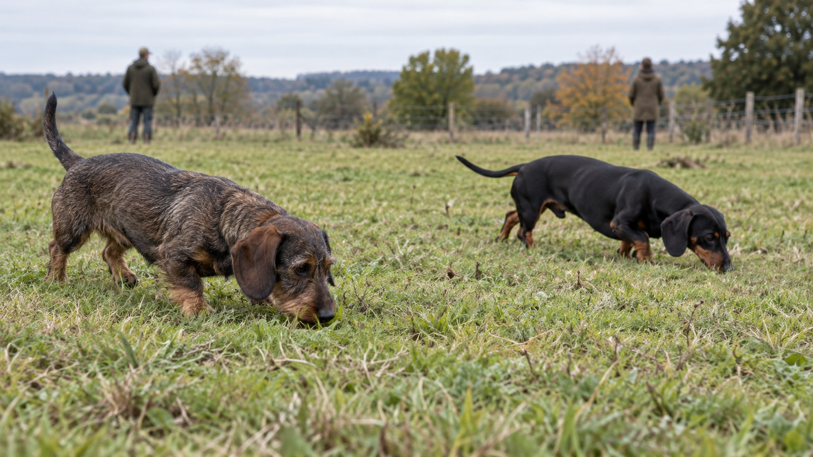 Dachshund de pelo duro javali e dachshund preto e canela farejando juntos em um campo cercado, com condutores ao fundo.