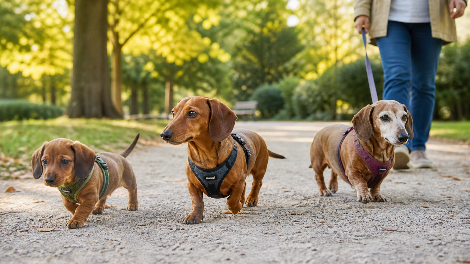 Dachshunds em diferentes fases da vida durante uma caminhada leve ao ar livre