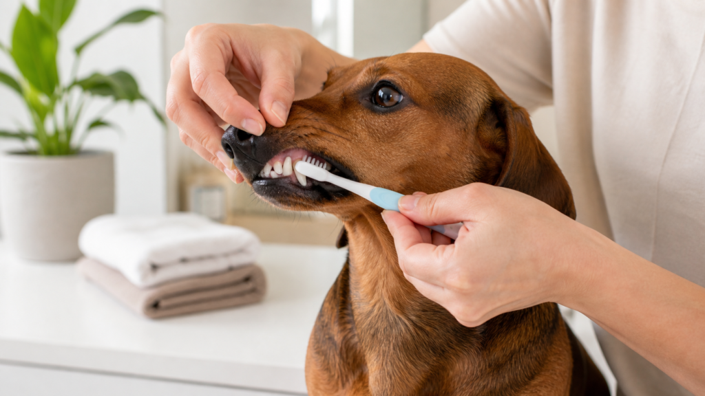 Tutor escovando cuidadosamente os dentes de um dachshund em casa