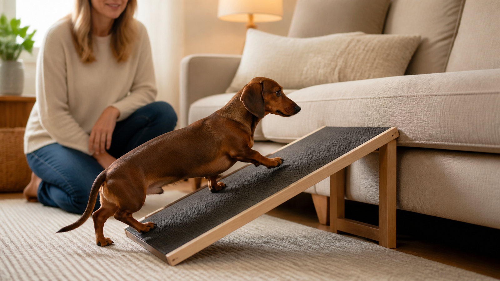 Dachshund usando uma rampa baixa em uma sala preparada para reduzir impactos