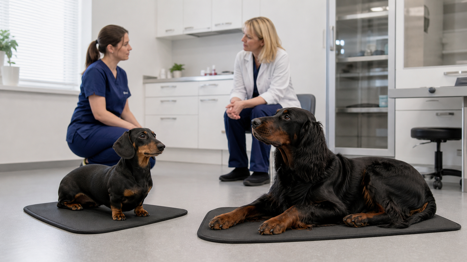 Dachshund e cão doador de porte maior em ambiente veterinário tranquilo, acompanhados por profissionais.