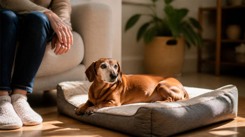 Dachshund idoso descansando em uma cama baixa iluminada pelo sol, com uma pessoa sentada calmamente ao lado.