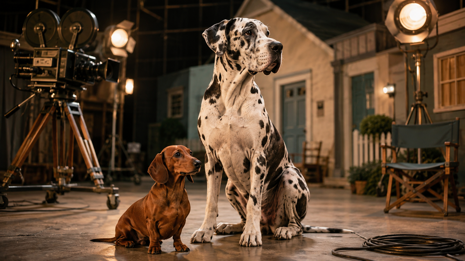 Dachshund vermelho e dogue alemão arlequim sentados lado a lado em um estúdio de cinema inspirado nos anos 1960.