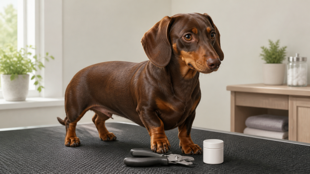 Ilustração de um dachshund marrom e canela em tapete antiderrapante, ao lado de cortador de unhas para cães e pote de pó hemostático.